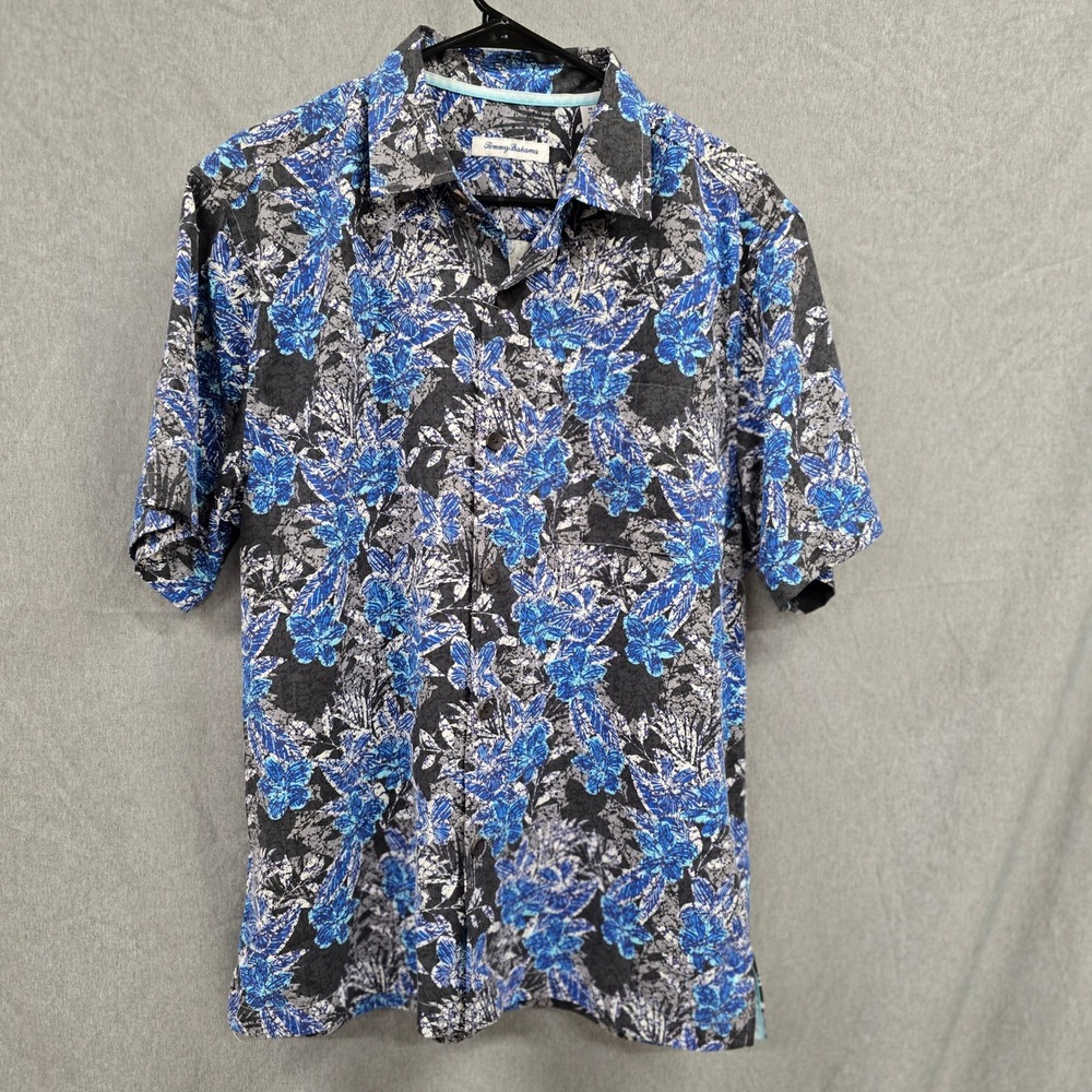 Tommy Bahama Silk CoolMax Tropical Floral Shirt Mens‎ Medium Blue Short Sleeve